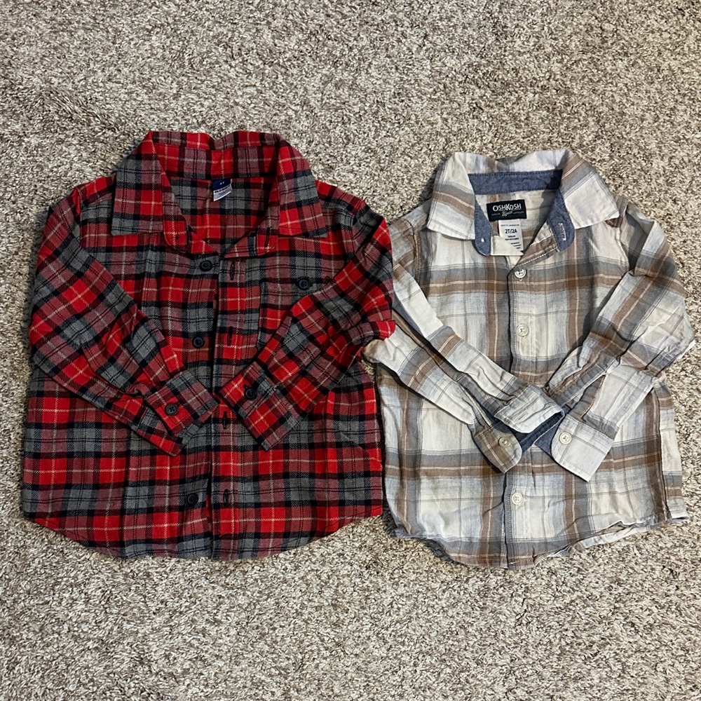 Carter's and Old Navy Kids Plaid Button-Down Shirts - Red and Gray 2T
